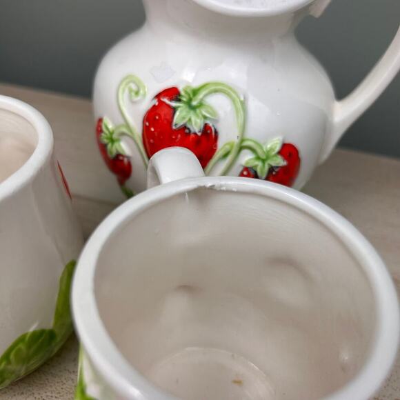 Vintage Strawberry Mugs & Pitcher Set Cottagecore Home Decor Decorative Use Only - Picture 7 of 10